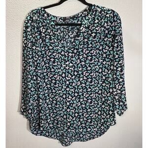 NYDJ Floral Blouse Medium Blue Teal White V Neck 3/4 Sleeve Top